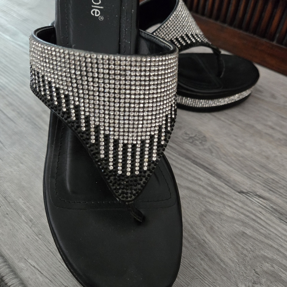 Nicole Black and White Sequined Wedge  Sandals
